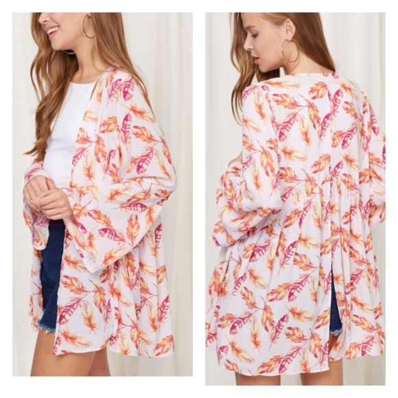 Feather Print Woven Kimono Cover Up - Picture 2 of 5